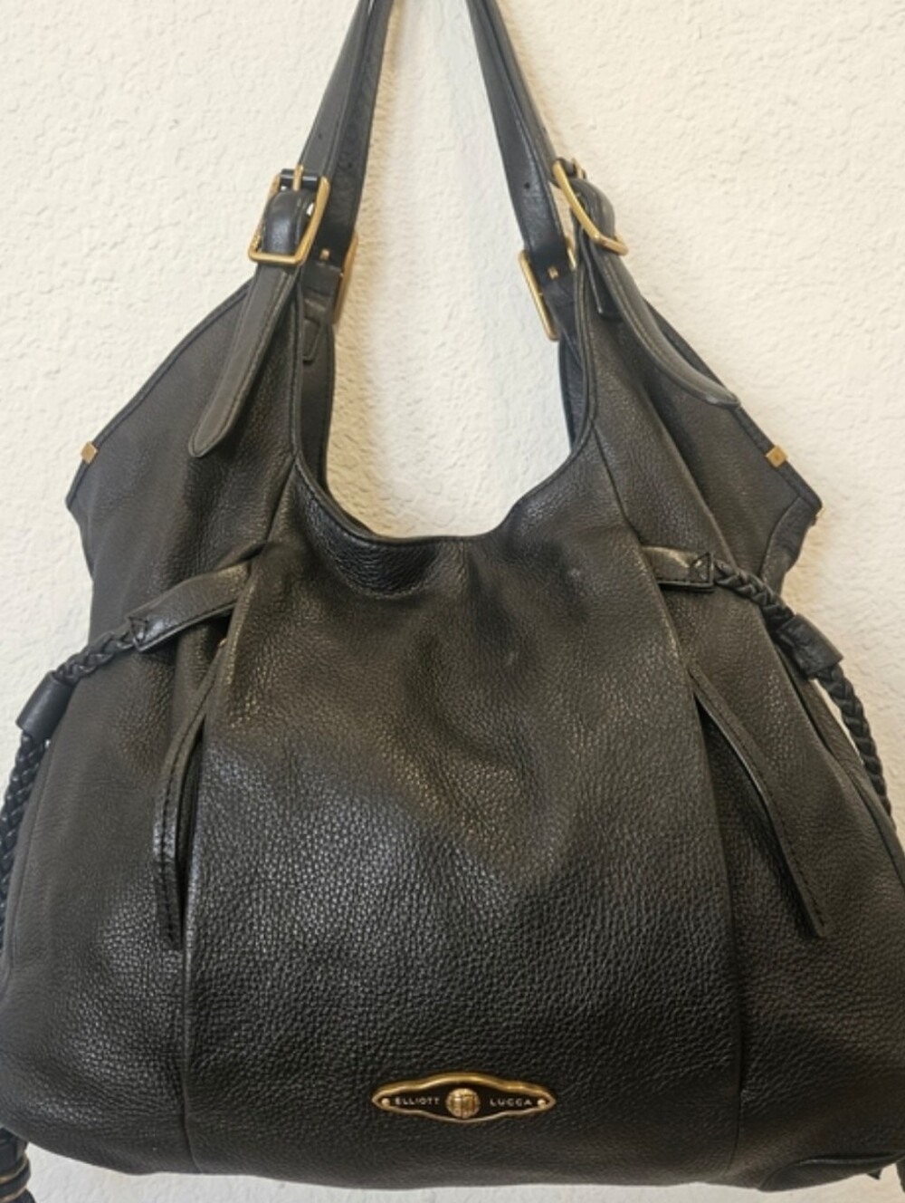 Elliott Lucca Black Pebbled Leather Shoulder Bag with Braided Details